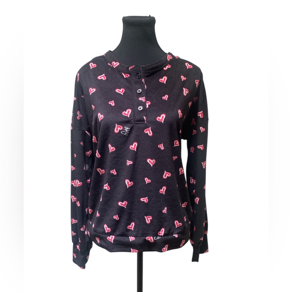 DKNY Black Pajama Top with Red Heart Accents NWT S